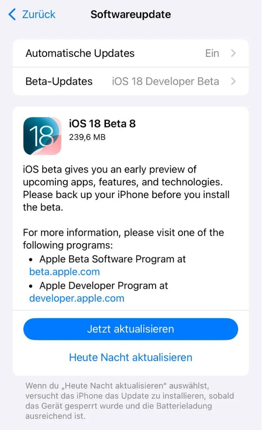 康巴什苹果手机维修分享苹果 iOS / iPadOS 18 开发者预览版 Beta 8 发布 